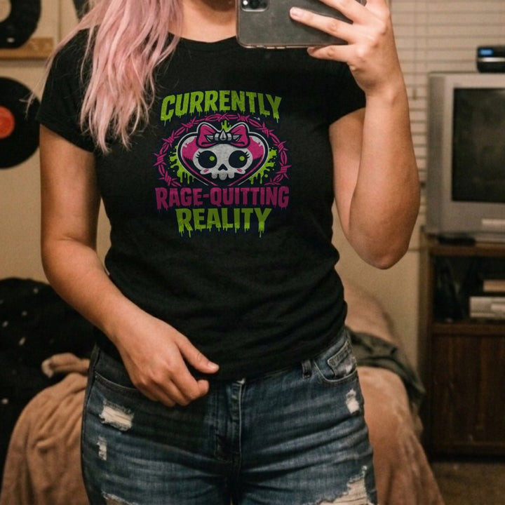 Translation missing: en.Alt n Vibe black women's t-shirt with a cute skull heart in pink barbed wire reading Currently Rage-Quitting Reality