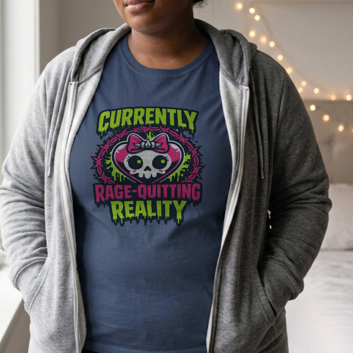 Translation missing: en.Alt n Vibe navy women's t-shirt with a cute skull heart in pink barbed wire reading Currently Rage-Quitting Reality