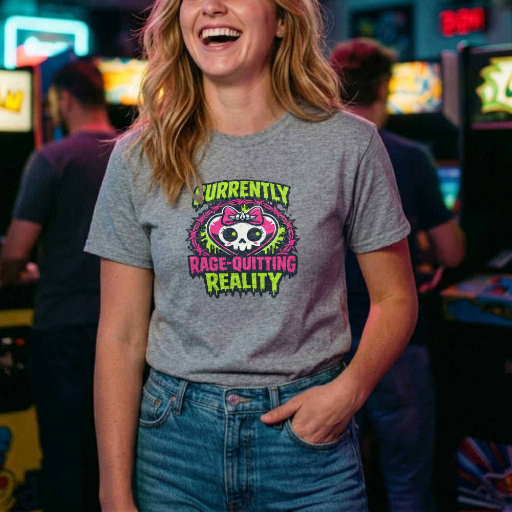 Translation missing: en.Alt n Vibe sports grey women's t-shirt with a cute skull heart in pink barbed wire reading Currently Rage-Quitting Reality