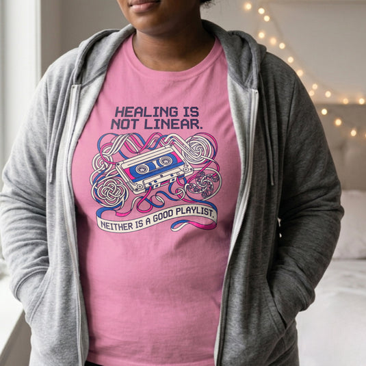 Translation missing: en.Alt n Vibe azalea women's t-shirt with a retro cassette tape, tangled pink and blue ribbon, and Healing Is Not Linear text