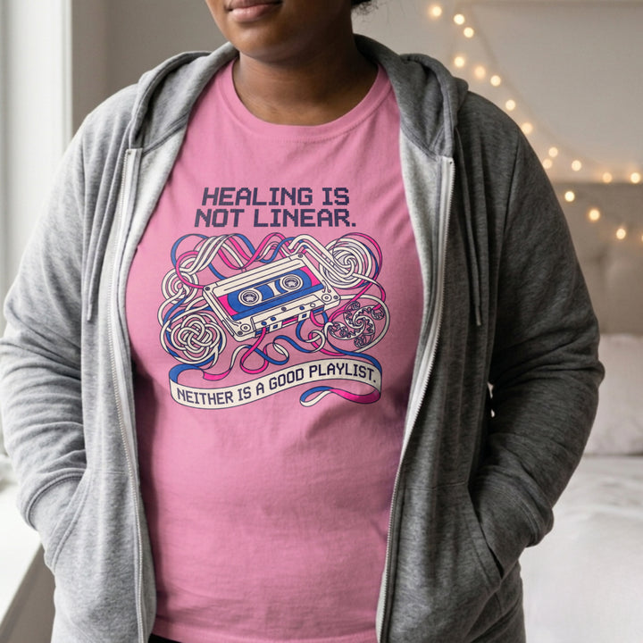 Translation missing: en.Alt n Vibe azalea women's t-shirt with a retro cassette tape, tangled pink and blue ribbon, and Healing Is Not Linear text