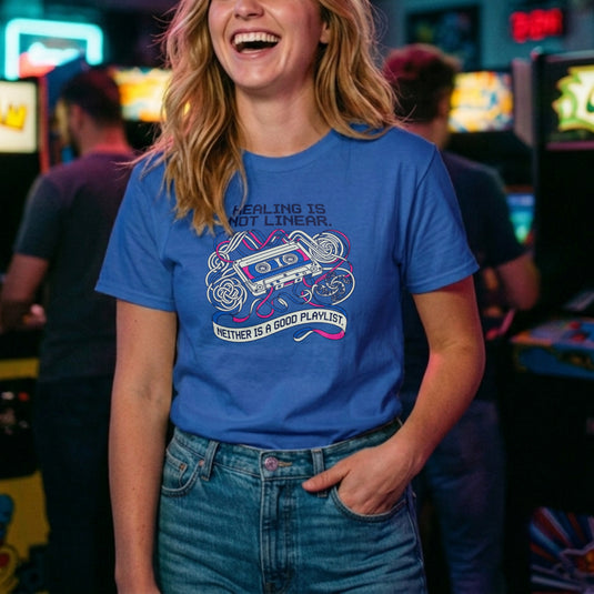 Translation missing: en.Alt n Vibe royal women's t-shirt with a retro cassette tape, tangled pink and blue ribbon, and Healing Is Not Linear text