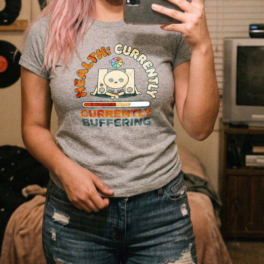 Translation missing: en.Alt n Vibe sports grey women's cotton t-shirt with retro game console graphic and Health Currently Buffering text and loading bar
