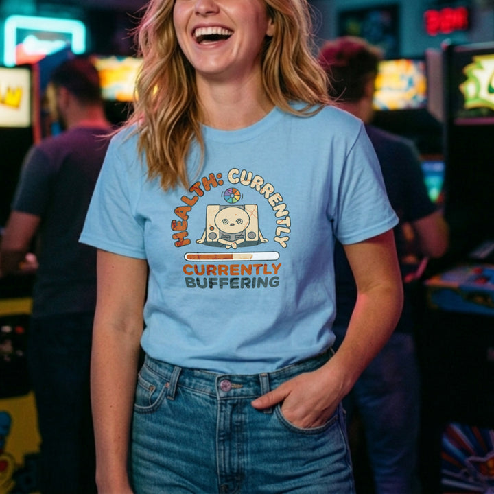 Translation missing: en.Alt n Vibe light blue women's cotton t-shirt with retro game console graphic and Health Currently Buffering text and loading bar
