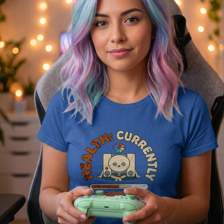 Translation missing: en.Alt n Vibe royal women's cotton t-shirt with retro game console graphic and Health Currently Buffering text and loading bar