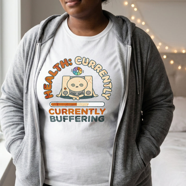 Translation missing: en.Alt n Vibe white women's cotton t-shirt with retro game console graphic and Health Currently Buffering text and loading bar
