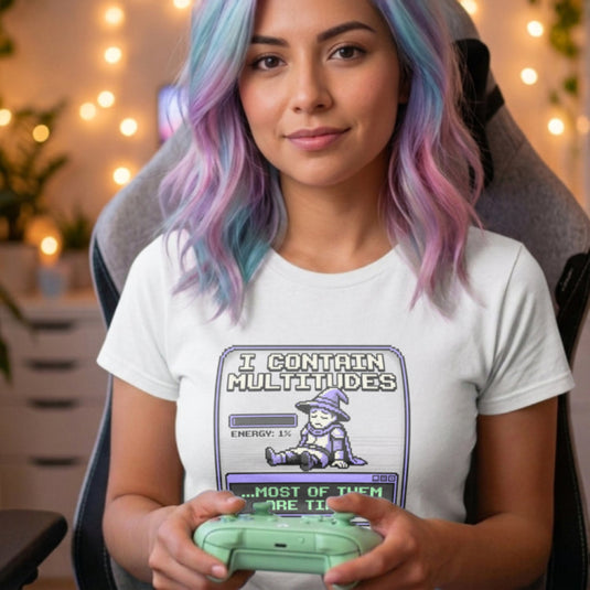Translation missing: en.Alt n Vibe white women's cotton t-shirt with pixel art wizard showing 1% energy and text "most of them are tired"