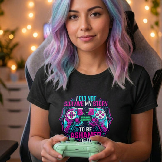 Translation missing: en.Alt n Vibe black woman's t-shirt with neon broken controller art and text I Did Not Survive My Story To Be Ashamed Of It