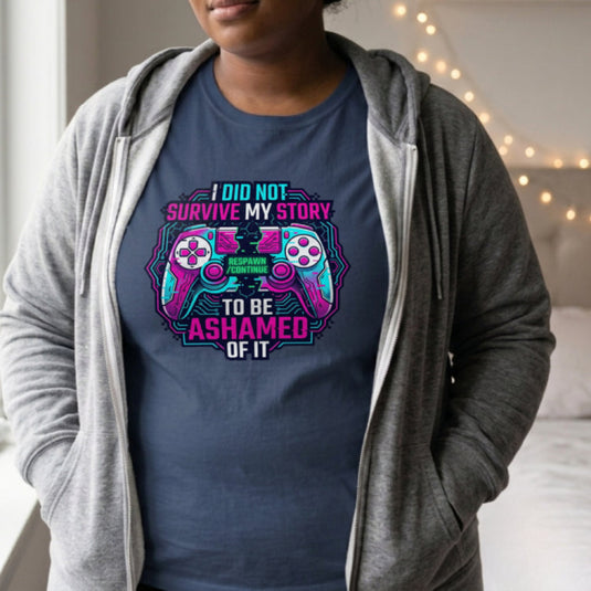 Translation missing: en.Alt n Vibe navy woman's t-shirt with neon broken controller art and text I Did Not Survive My Story To Be Ashamed Of It