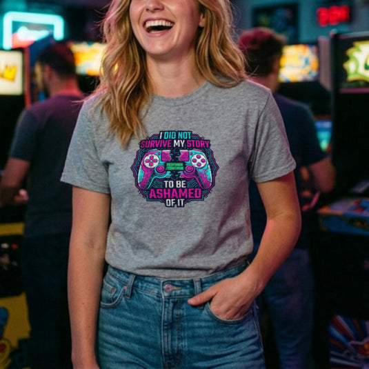 Translation missing: en.Alt n Vibe sports grey woman's t-shirt with neon broken controller art and text I Did Not Survive My Story To Be Ashamed Of It
