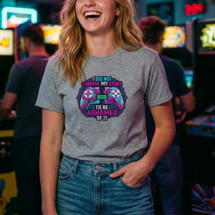 Translation missing: en.Alt n Vibe sports grey woman's t-shirt with neon broken controller art and text I Did Not Survive My Story To Be Ashamed Of It