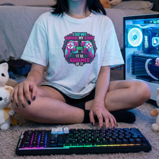 Translation missing: en.Alt n Vibe white woman's t-shirt with neon broken controller art and text I Did Not Survive My Story To Be Ashamed Of It