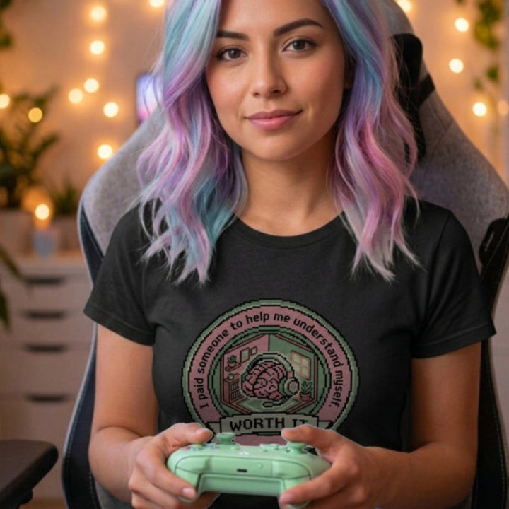 Translation missing: en.Alt n Vibe black women's cotton t-shirt with pixel art brain in headset reading I paid someone to help me understand myself