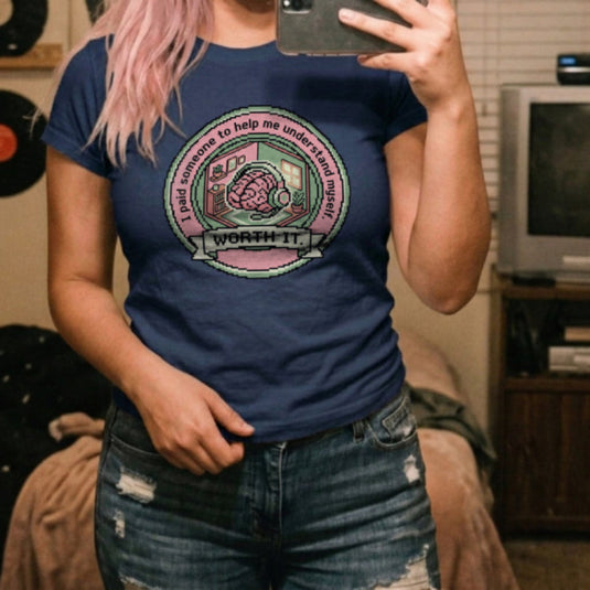 Translation missing: en.Alt n Vibe navy women's cotton t-shirt with pixel art brain in headset reading I paid someone to help me understand myself