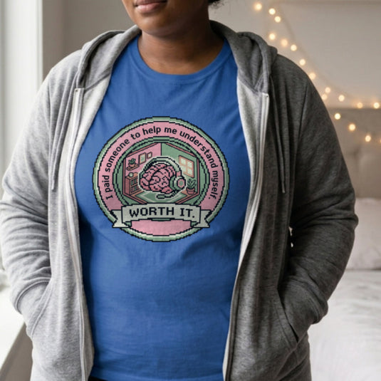 Translation missing: en.Alt n Vibe royal women's cotton t-shirt with pixel art brain in headset reading I paid someone to help me understand myself