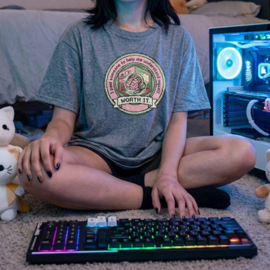Translation missing: en.Alt n Vibe sports grey women's cotton t-shirt with pixel art brain in headset reading I paid someone to help me understand myself