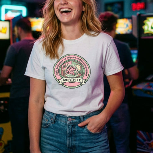 Translation missing: en.Alt n Vibe white women's cotton t-shirt with pixel art brain in headset reading I paid someone to help me understand myself