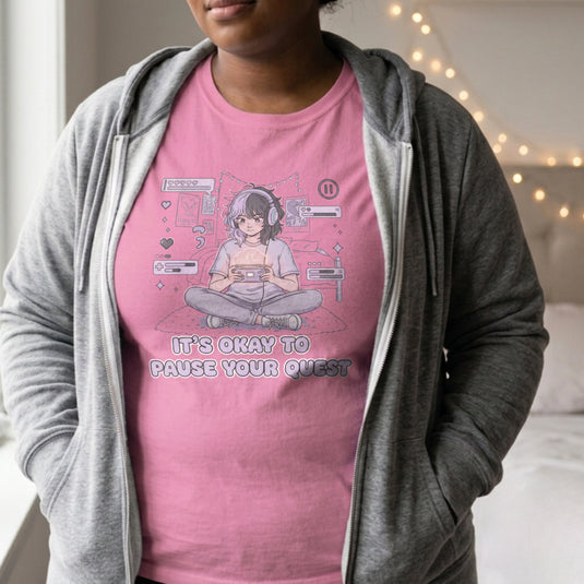 Translation missing: en.Alt n Vibe women's azalea cotton tee featuring anime gamer girl with handheld console and It's Okay to Pause Your Quest text