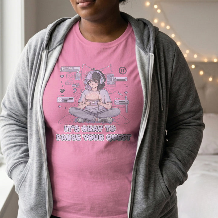 Translation missing: en.Alt n Vibe women's azalea cotton tee featuring anime gamer girl with handheld console and It's Okay to Pause Your Quest text