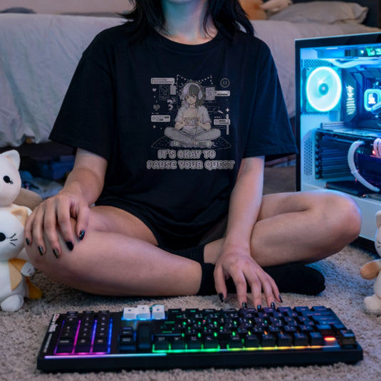 Translation missing: en.Alt n Vibe women's black cotton tee featuring anime gamer girl with handheld console and It's Okay to Pause Your Quest text