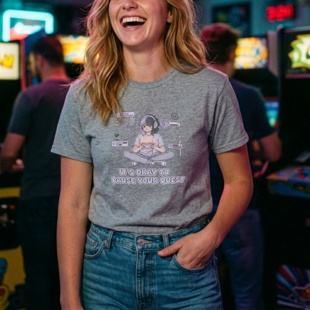 Translation missing: en.Alt n Vibe women's sports grey cotton tee featuring anime gamer girl with handheld console and It's Okay to Pause Your Quest text