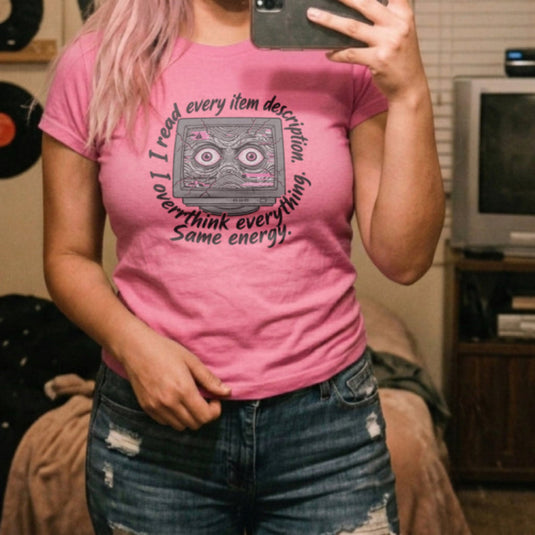Translation missing: en.Alt n Vibe azalea women's cotton t-shirt with a glitched monitor reading I read every item description. I overthink everything