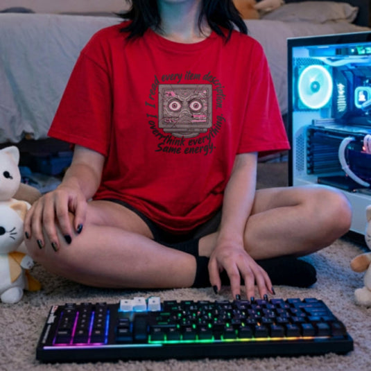 Translation missing: en.Alt n Vibe red women's cotton t-shirt with a glitched monitor reading I read every item description. I overthink everything