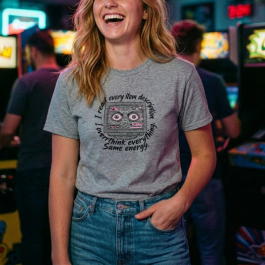 Translation missing: en.Alt n Vibe sports grey women's cotton t-shirt with a glitched monitor reading I read every item description. I overthink everything