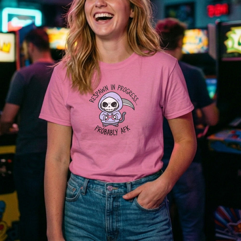Translation missing: en.Alt n Vibe azalea women's t-shirt with a cute cartoon grim reaper holding a controller and text Respawn In Progress