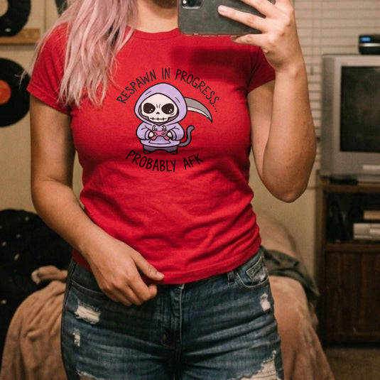 Translation missing: en.Alt n Vibe red women's t-shirt with a cute cartoon grim reaper holding a controller and text Respawn In Progress