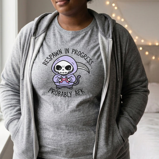 Translation missing: en.Alt n Vibe sports grey women's t-shirt with a cute cartoon grim reaper holding a controller and text Respawn In Progress