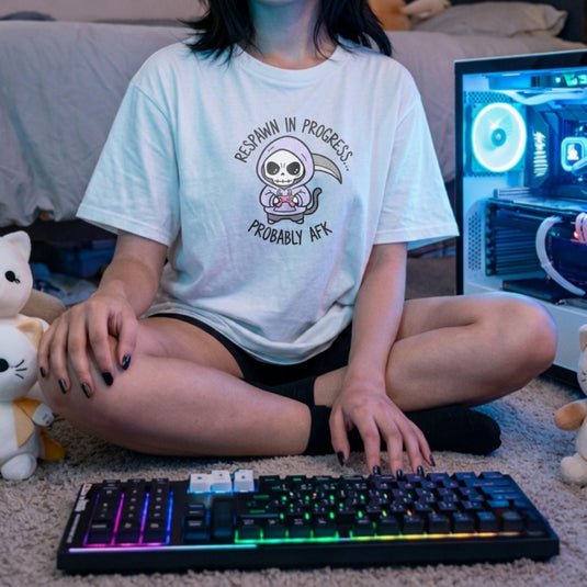 Translation missing: en.Alt n Vibe white women's t-shirt with a cute cartoon grim reaper holding a controller and text Respawn In Progress