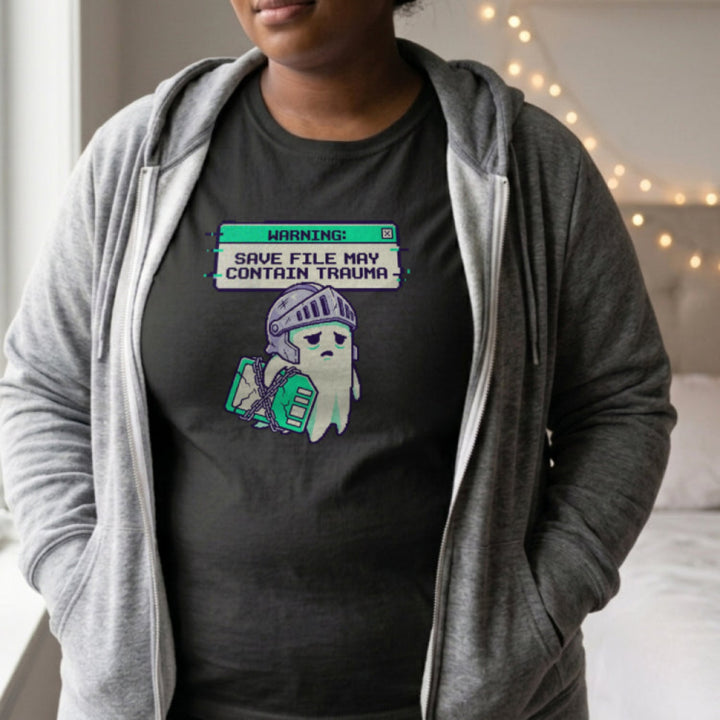 Translation missing: en.Alt n Vibe black woman's t-shirt with a sad pixel ghost knight holding a chained book under a trauma save file warning