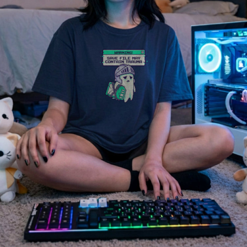 Translation missing: en.Alt n Vibe navy woman's t-shirt with a sad pixel ghost knight holding a chained book under a trauma save file warning