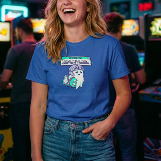 Translation missing: en.Alt n Vibe royal woman's t-shirt with a sad pixel ghost knight holding a chained book under a trauma save file warning