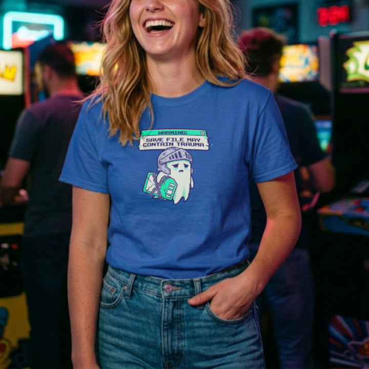Translation missing: en.Alt n Vibe royal woman's t-shirt with a sad pixel ghost knight holding a chained book under a trauma save file warning