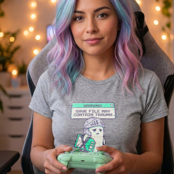 Translation missing: en.Alt n Vibe sports Grey woman's t-shirt with a sad pixel ghost knight holding a chained book under a trauma save file warning