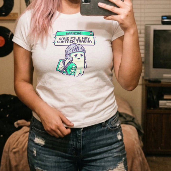 Translation missing: en.Alt n Vibe white woman's t-shirt with a sad pixel ghost knight holding a chained book under a trauma save file warning