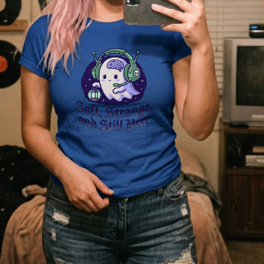 Translation missing: en.Alt n Vibe royal women's t-shirt with a pixel art ghost wearing a headset and gothic text Soft, Strange, and Still Here
