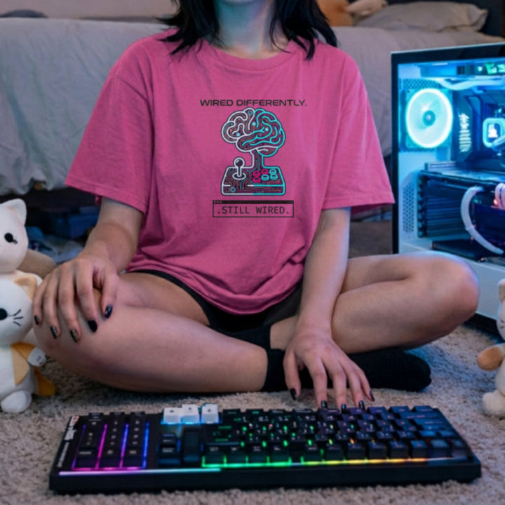 Translation missing: en.Alt n Vibe azalea women's cotton t-shirt with circuit board brain and arcade controller reading Wired Differently