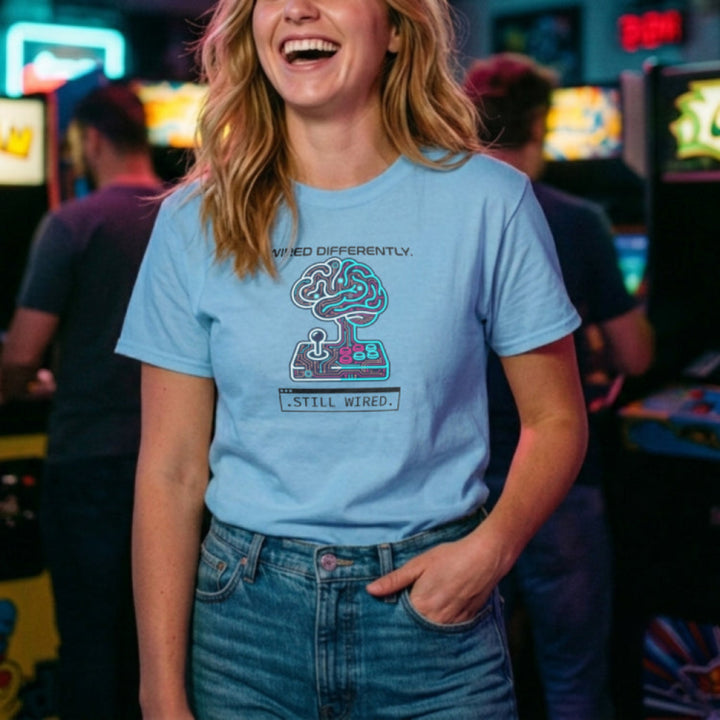 Translation missing: en.Alt n Vibe light blue women's cotton t-shirt with circuit board brain and arcade controller reading Wired Differently