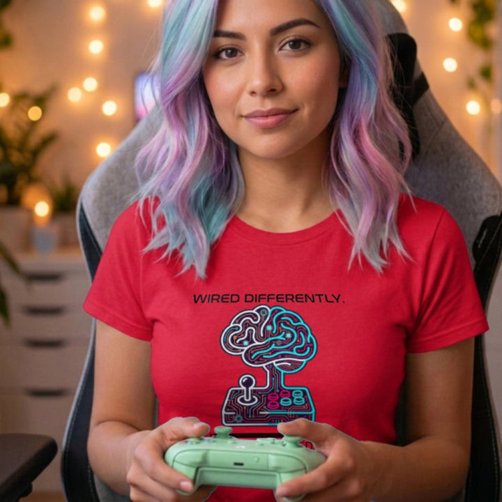 Translation missing: en.Alt n Vibe red women's cotton t-shirt with circuit board brain and arcade controller reading Wired Differently