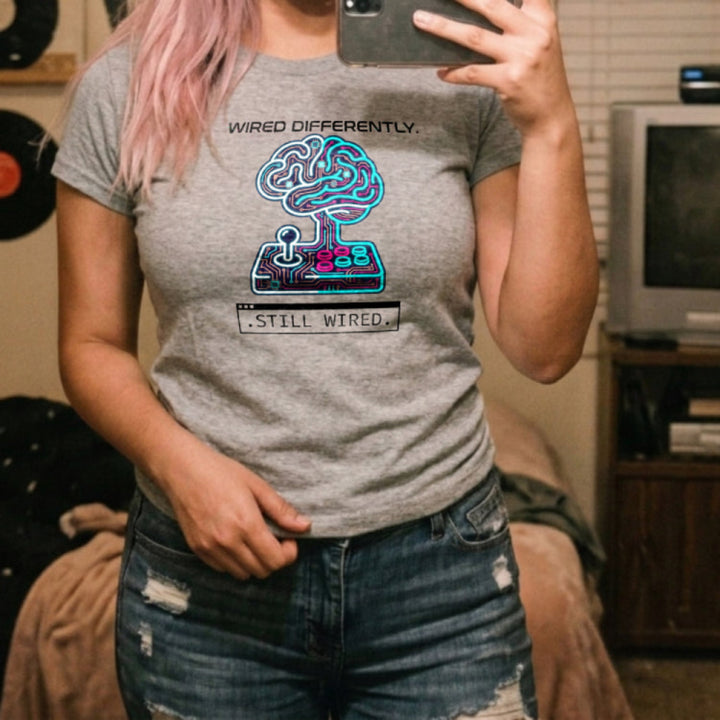 Translation missing: en.Alt n Vibe sports Grey women's cotton t-shirt with circuit board brain and arcade controller reading Wired Differently