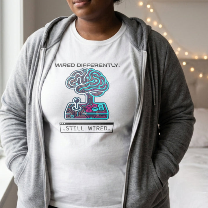 Translation missing: en.Alt n Vibe white women's cotton t-shirt with circuit board brain and arcade controller reading Wired Differently