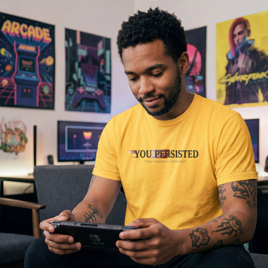 Translation missing: en.Daisy t-shirt with motion blur graphic text reading You Persisted: Every Respawn is a New Start