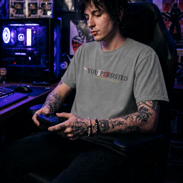Translation missing: en.Sports grey t-shirt with motion blur graphic text reading You Persisted: Every Respawn is a New Start