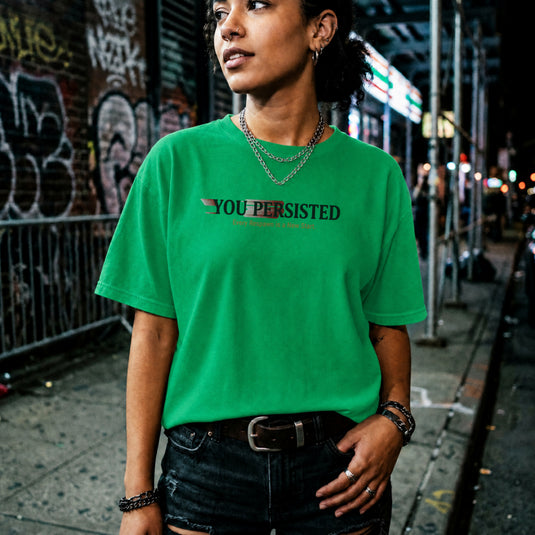 Translation missing: en.Irish green t-shirt with motion blur graphic text reading You Persisted: Every Respawn is a New Start