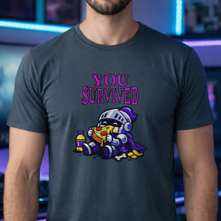 Translation missing: en.Dark heather t-shirt with Chibi knight sitting down eating pizza with potion bottle and text reading You Survived 