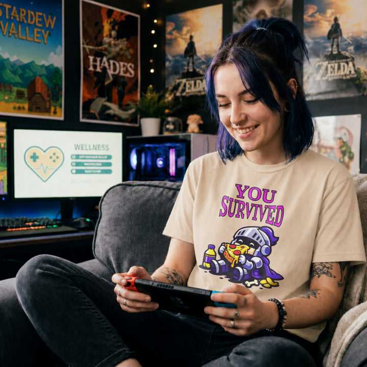 Translation missing: en.Natural t-shirt with Chibi knight sitting down eating pizza with potion bottle and text reading You Survived 