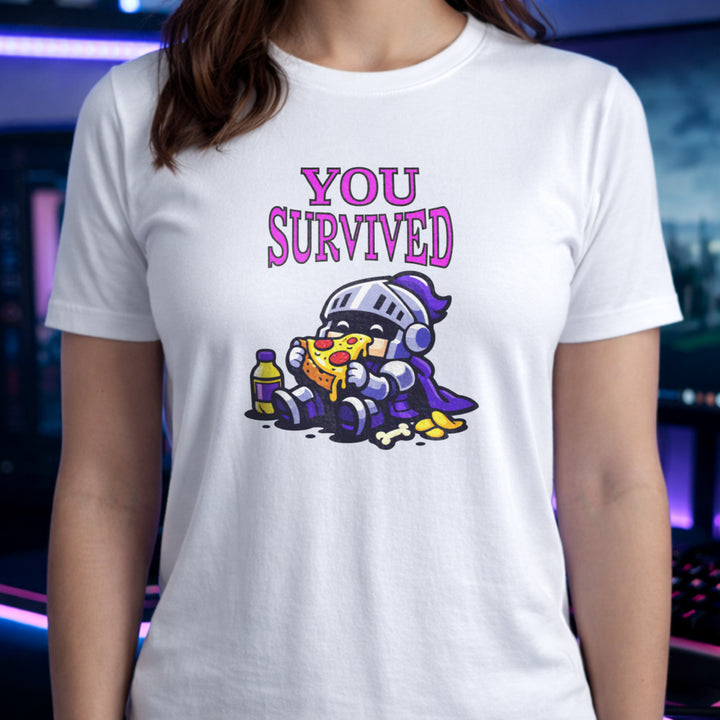 Translation missing: en.White t-shirt with Chibi knight sitting down eating pizza with potion bottle and text reading You Survived 